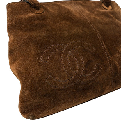 CHANEL Vintage Stitch CC Logo Suede Tote Shoulder Bag Zip Brown 902486
