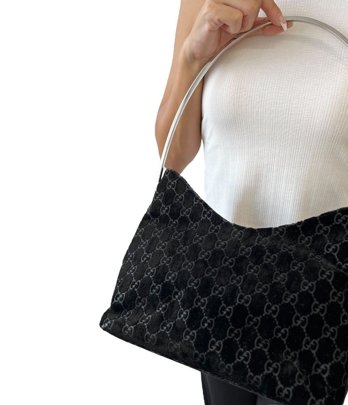GUCCI Vintage GG Monogram Logo Velour Hobo Shoulder Bag Black Silver 902089