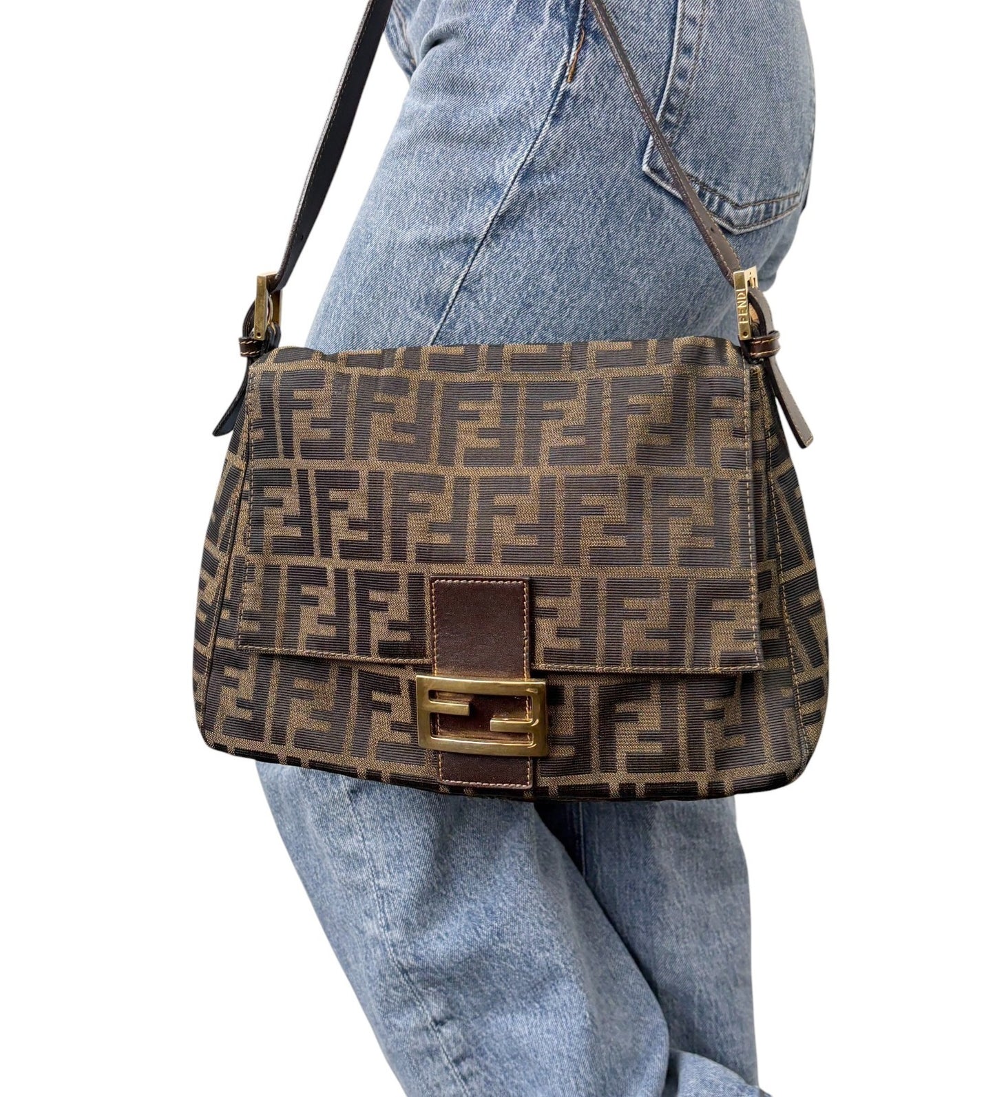 FENDI Vintage FF Zucca Mamma Baguette Shoulder Bag Canvas Brown Gold 901857