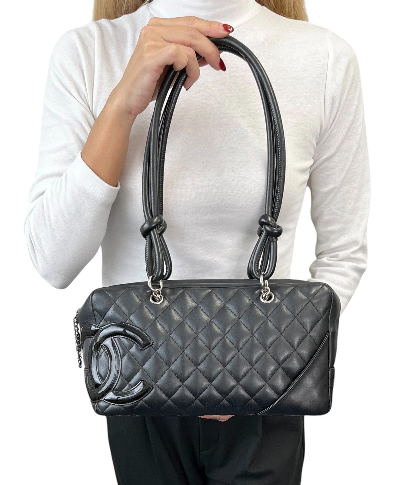 CHANEL Vintage CC Logo Cambon Line Shoulder Bag Black Silver Leather 902033