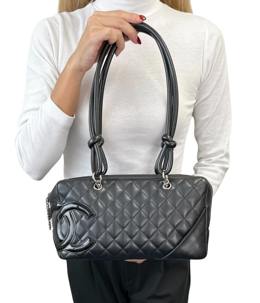 CHANEL Vintage CC Logo Cambon Line Shoulder Bag Black Silver Leather 902033