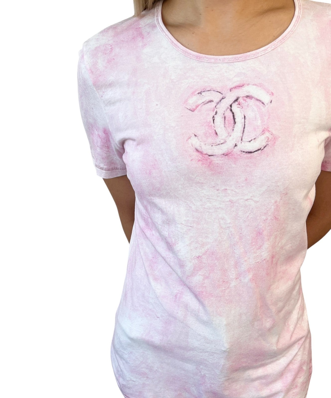 CHANEL Vintage 09C CC Logo Tie-Dye T-Shirt Top #36 Pink Short Sleeve 902403