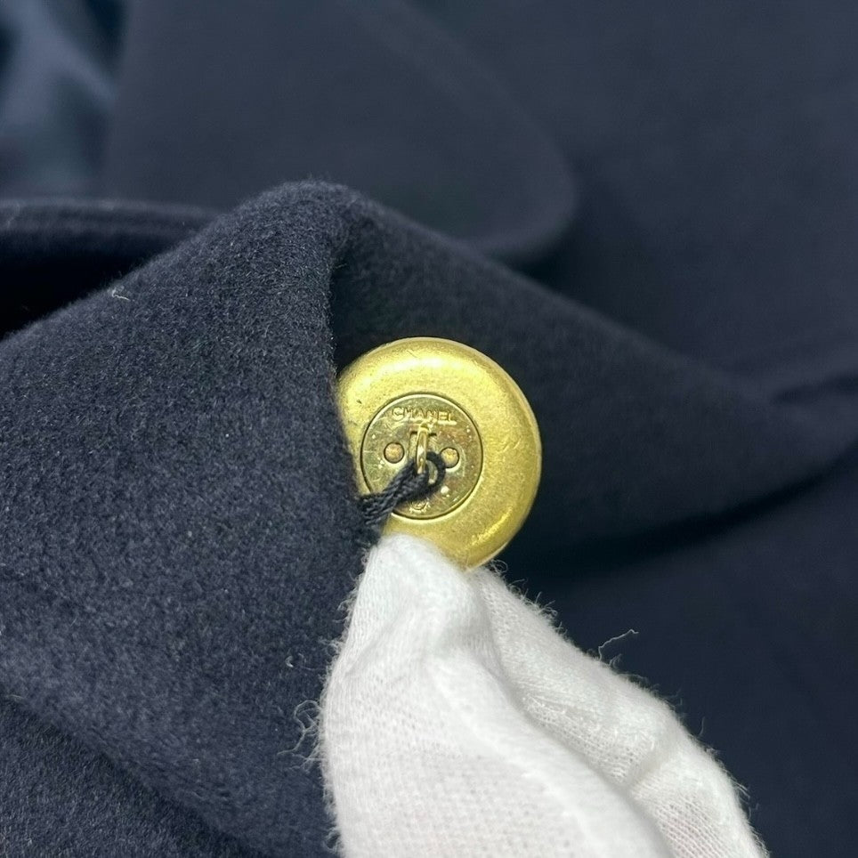CHANEL Vintage 94A CC Logo Long Coat Button Jacket #40 Dark Blue Gold Cashmere