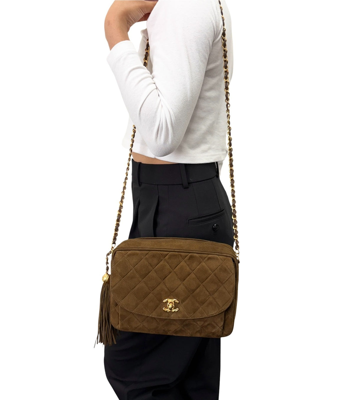 CHANEL Vintage CC Turnlock Quilted Chain Shoulder Bag Brown Gold Suede 902333
