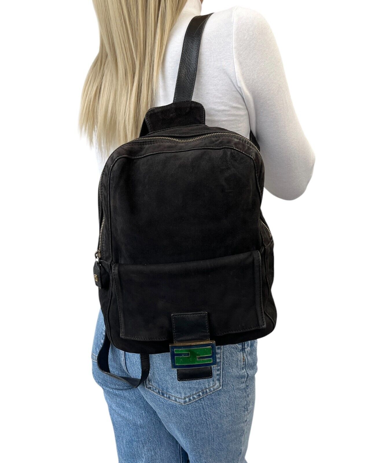 FENDI Vintage FF Logo Backpack Zip Black Green Suede Leather Front Pocket