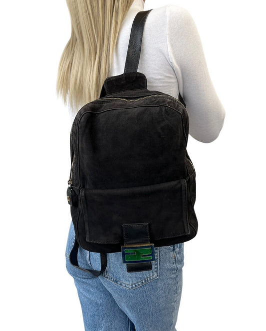 FENDI Vintage FF Logo Backpack Zip Black Green Suede Leather Front Pocket