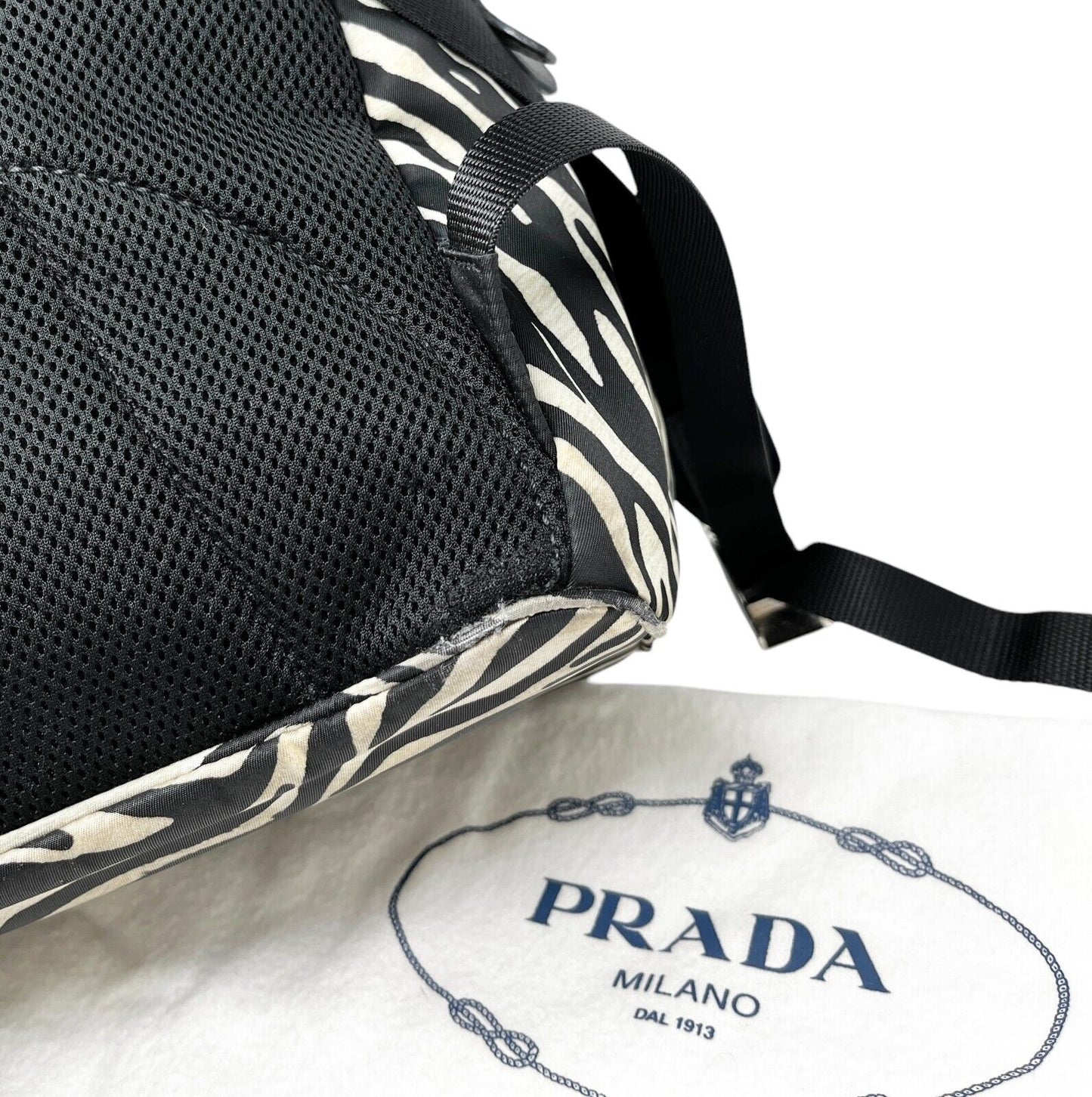 PRADA Vintage Logo Zebra Backpack Zip Mesh Black White Nylon Leather