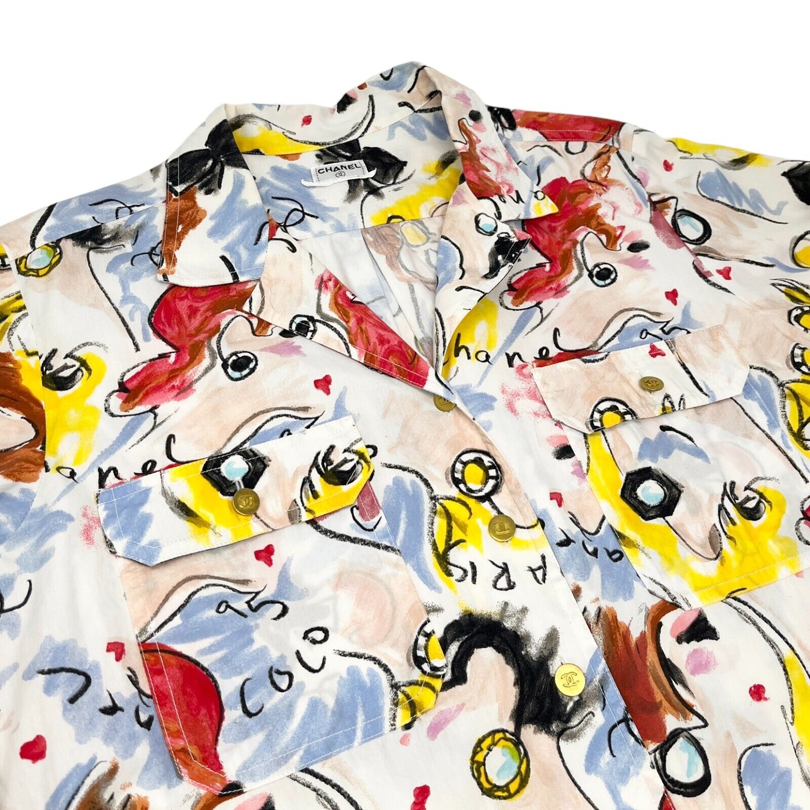 CHANEL Vintage 1995 CC Mark Shirt Shorts Set Button Multicolor Cotton Rank AB+