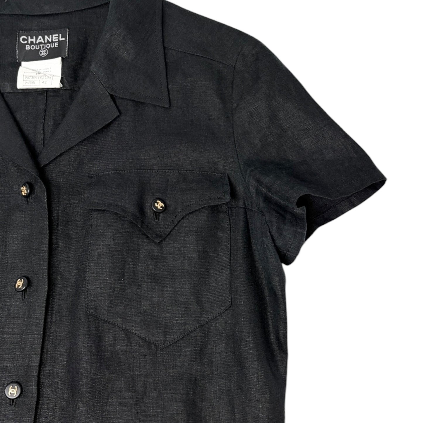 CHANEL Vintage 97P CC Logo Button Linen Shirt Dress One-piece #42 Black