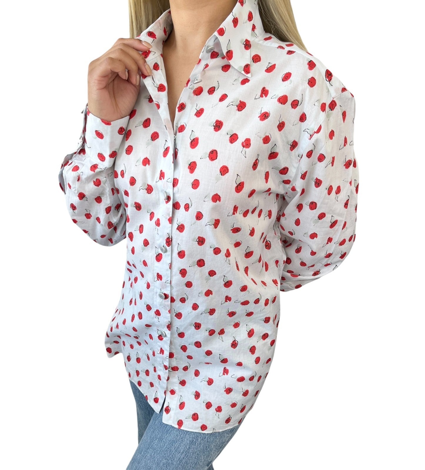 CHANEL Vintage 99S CC Logo Flower Print Shirt Top #44 Button Light Blue Red