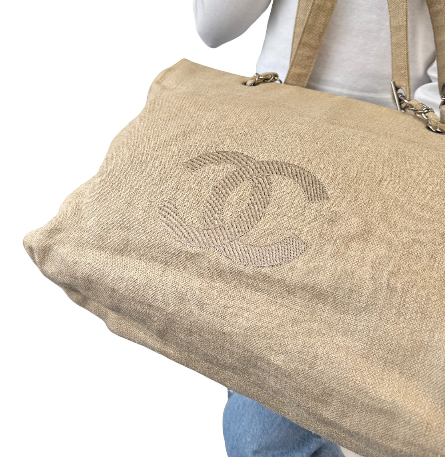 CHANEL Vintage CC Big Logo Shoulder Tote Large Bag Beige Canvas Linen Leather