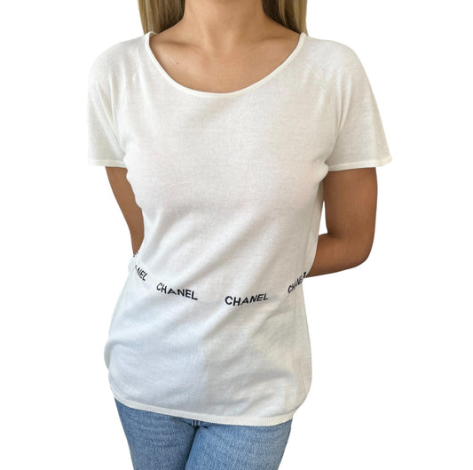 CHANEL Vintage 04P CC T-Shirt Top #38 Short Sleeve White Black Cotton 902579