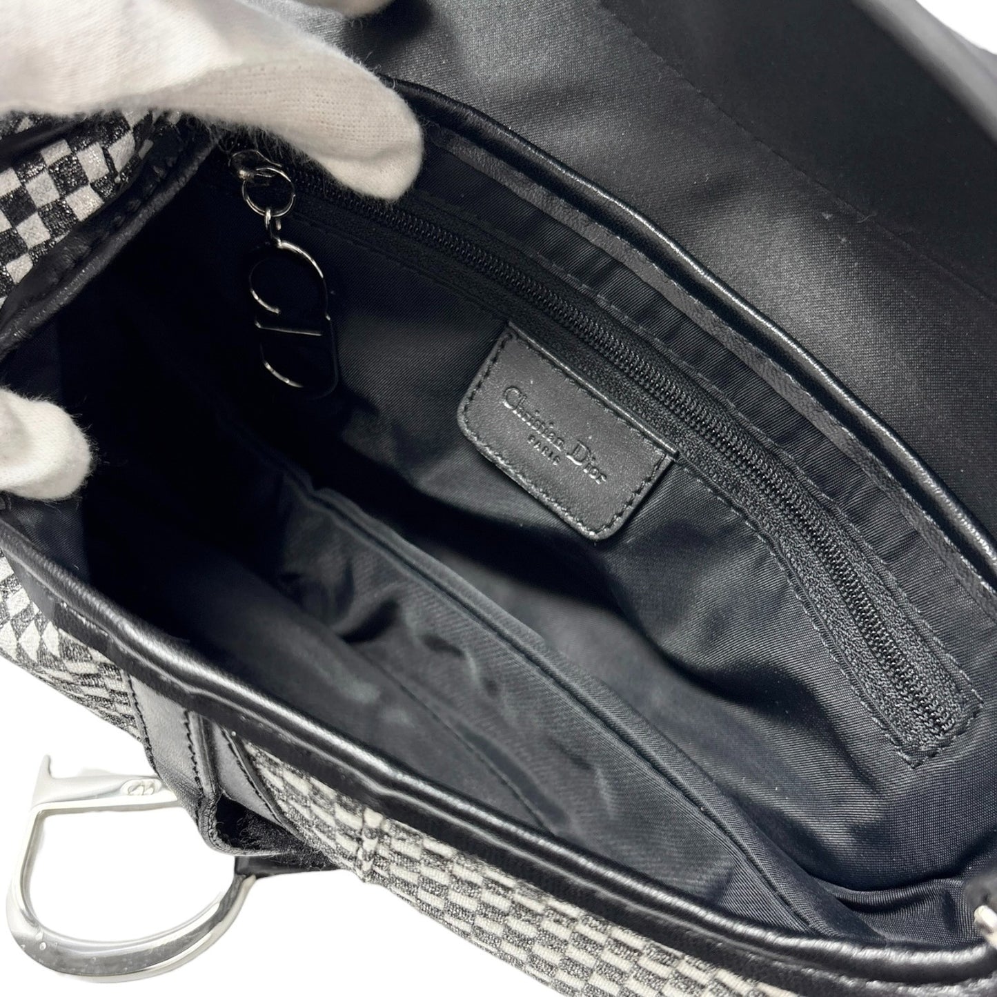 Christian Dior Vintage 2002 Checkered Glitter Saddle Bag Black Silver Cotton