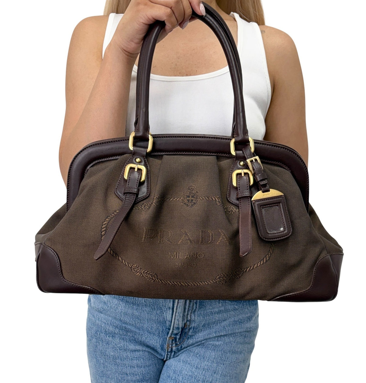 PRADA Vintage Milano Jacquard Shoulder Boston Bag Brown Gold 902455