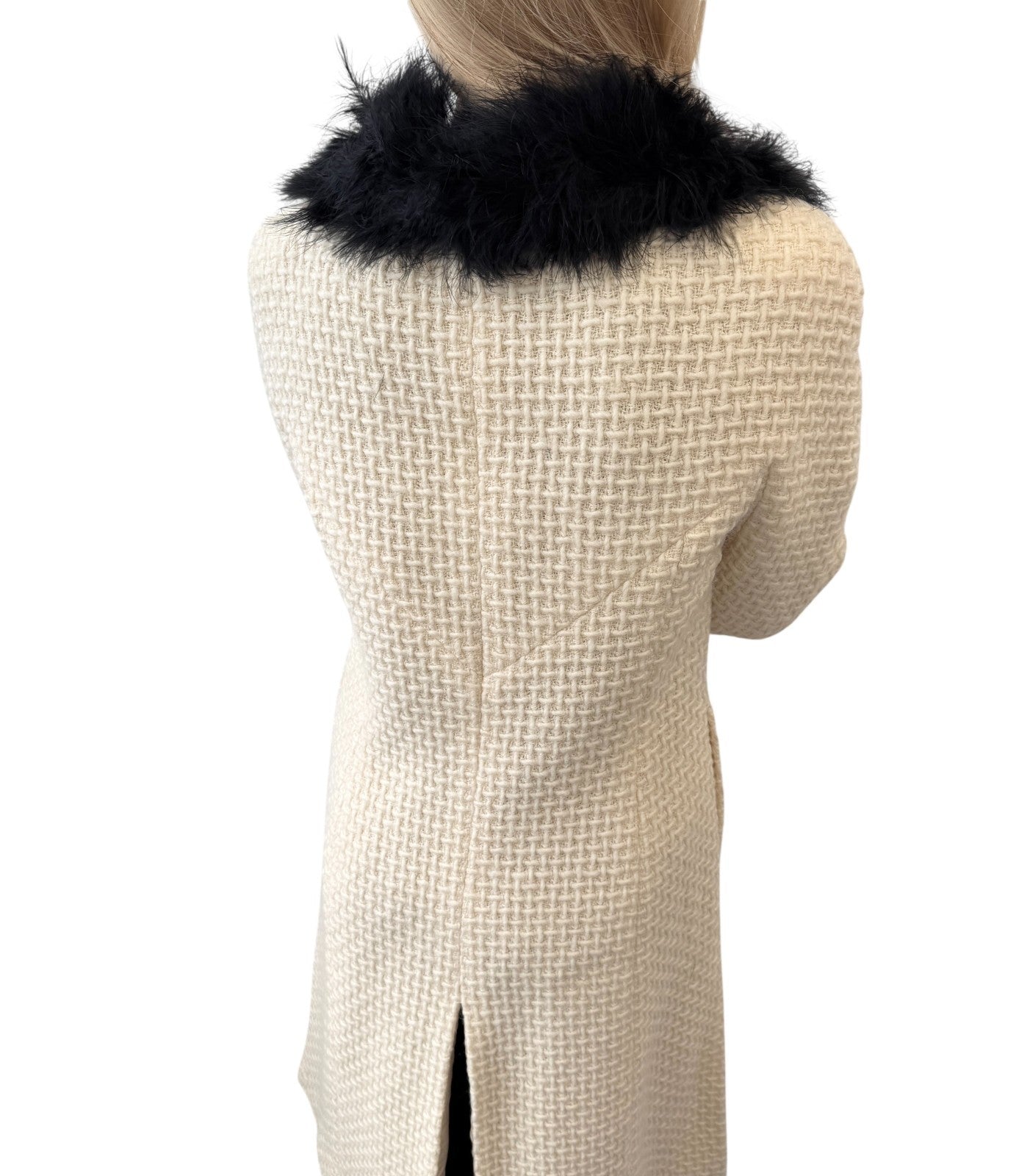 CHANEL Vintage 00A CC Logo Tweed Long Coat Fur Jacket #38 Zip Cream Black Wool