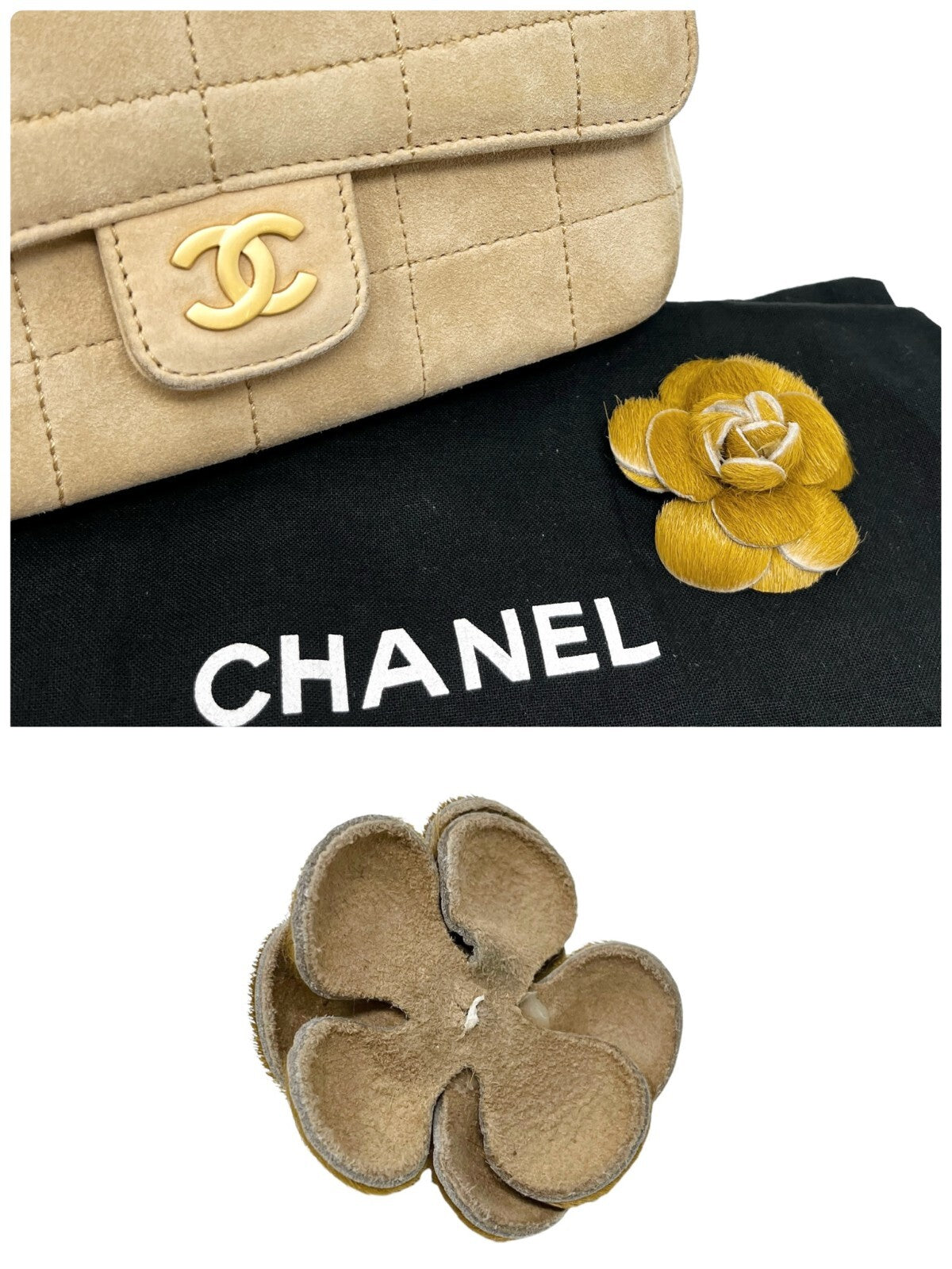 CHANEL Vintage CC Logo Chocolate Bar Crossbody Bag Chain Beige Gold Suede