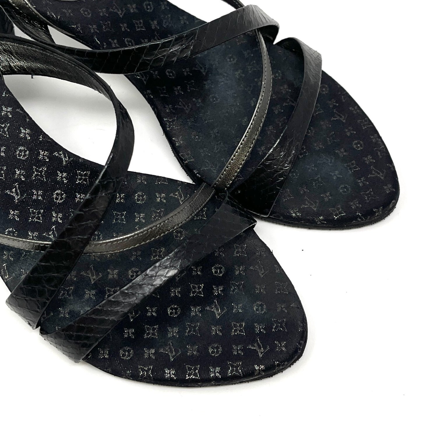 LOUIS VUITTON Monogram Logo Sandals Heels #37 US6.5 Slingback Black Satin RankAB