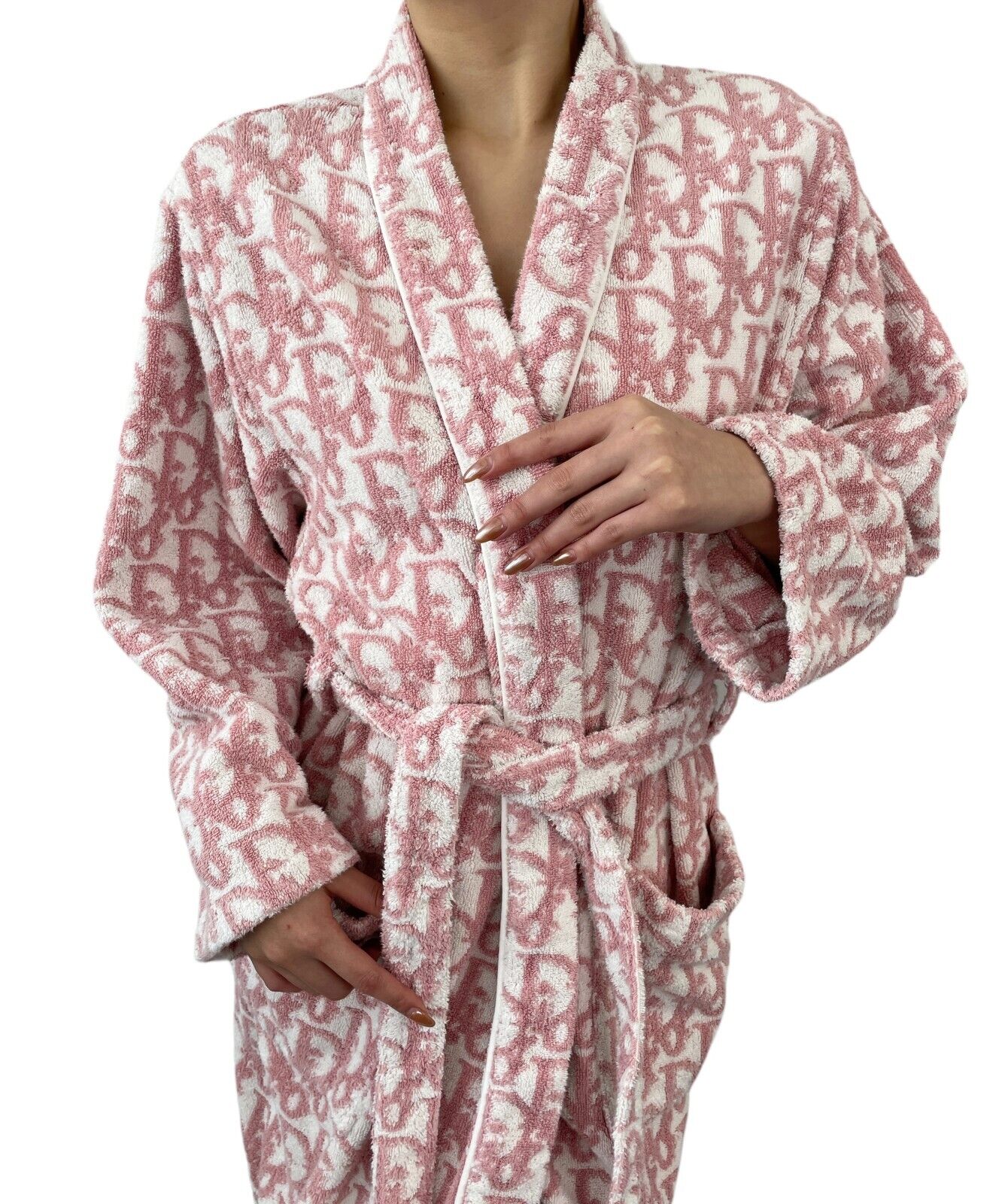 Dior Vintage Trotter Monogram Bath Robe Terry Cloth Pink White Cotton Rank AB