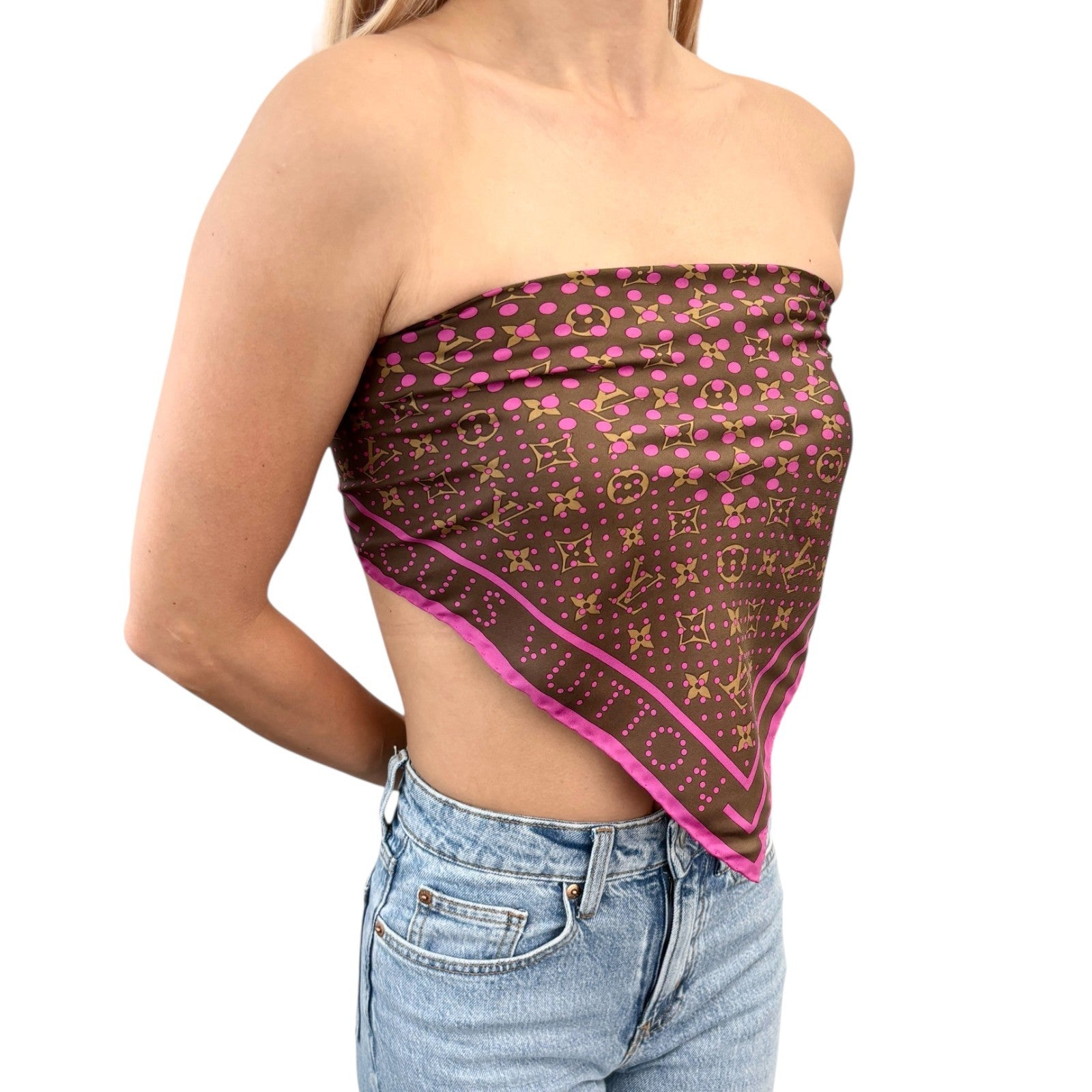 LOUIS VUITTON Vintage LV Monogram Perfo Scarf Wrap Shawl Brown Pink Dot Silk