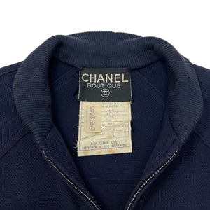 CHANEL Vintage CC Mark Button Zipped Jacket #36 Dark Blue Gold Cotton Rank AB