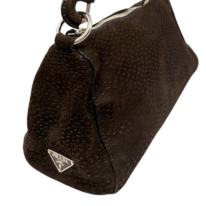 PRADA Vintage Triangle Logo One Shoulder Bag Textured Suede Brown Leather 902350