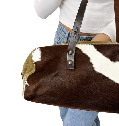 miu miu Vintage Pony Calf Hair Shoulder Bag Brown White Corduroy 902373