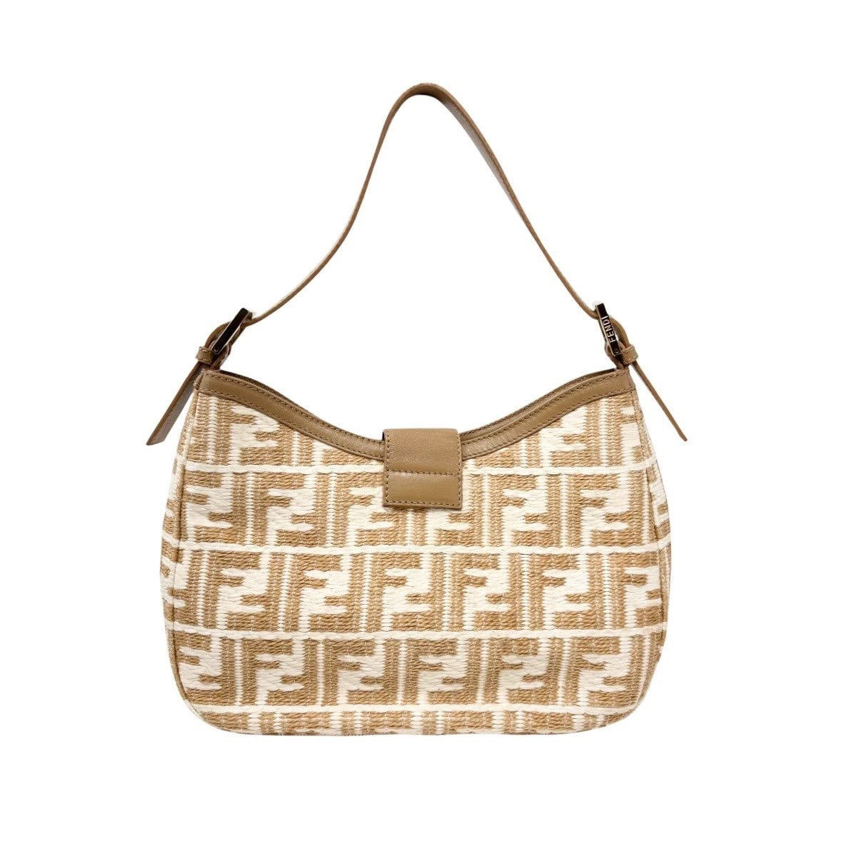 FENDI Vintage FF Logo Zucca Raffia Hobo Shoulder Bag Beige White Leather