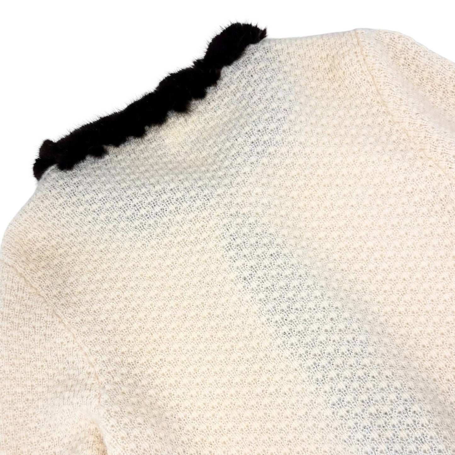 CHANEL Vintage 03A CC Logo Fur Trim Knit Cardigan #42 Cream Brown Mohair 901978