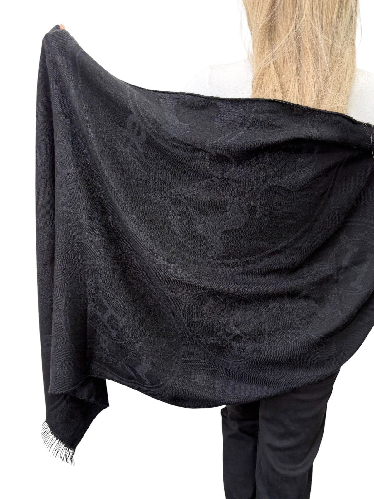 HERMES Vintage New Libris H Logo Cashmere Scarf Wrap Shawl Black 902811