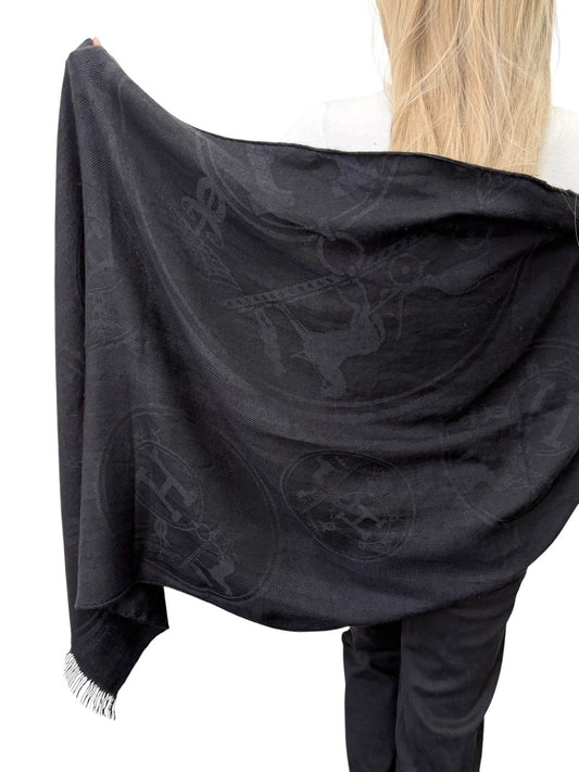 HERMES Vintage New Libris H Logo Cashmere Scarf Wrap Shawl Black 902811