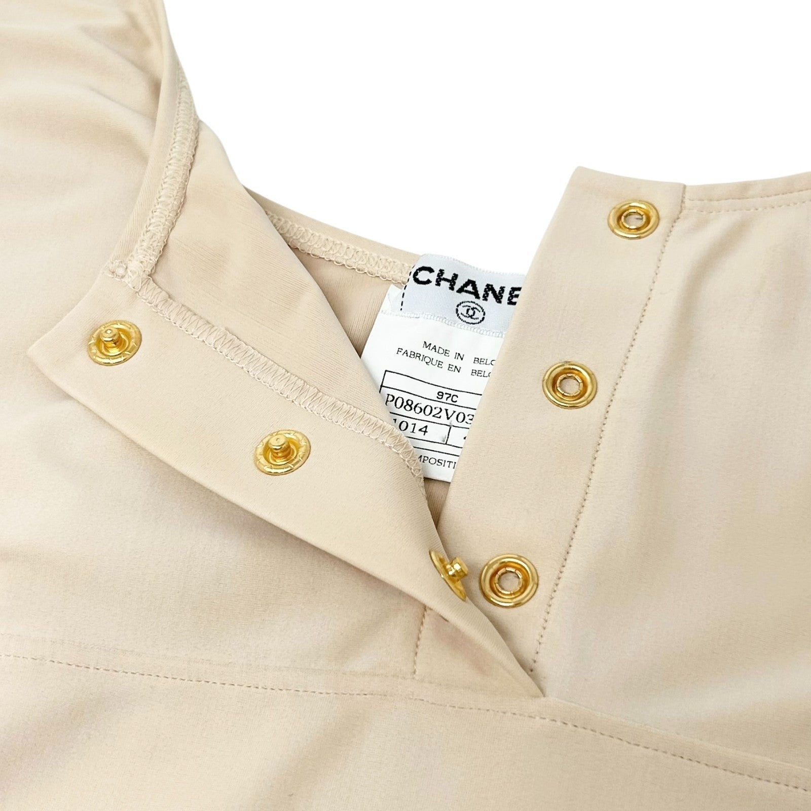 CHANEL Vintage 97C CC Logo Swimsuit Swimwear One-piece Button #40 Beige Nylon