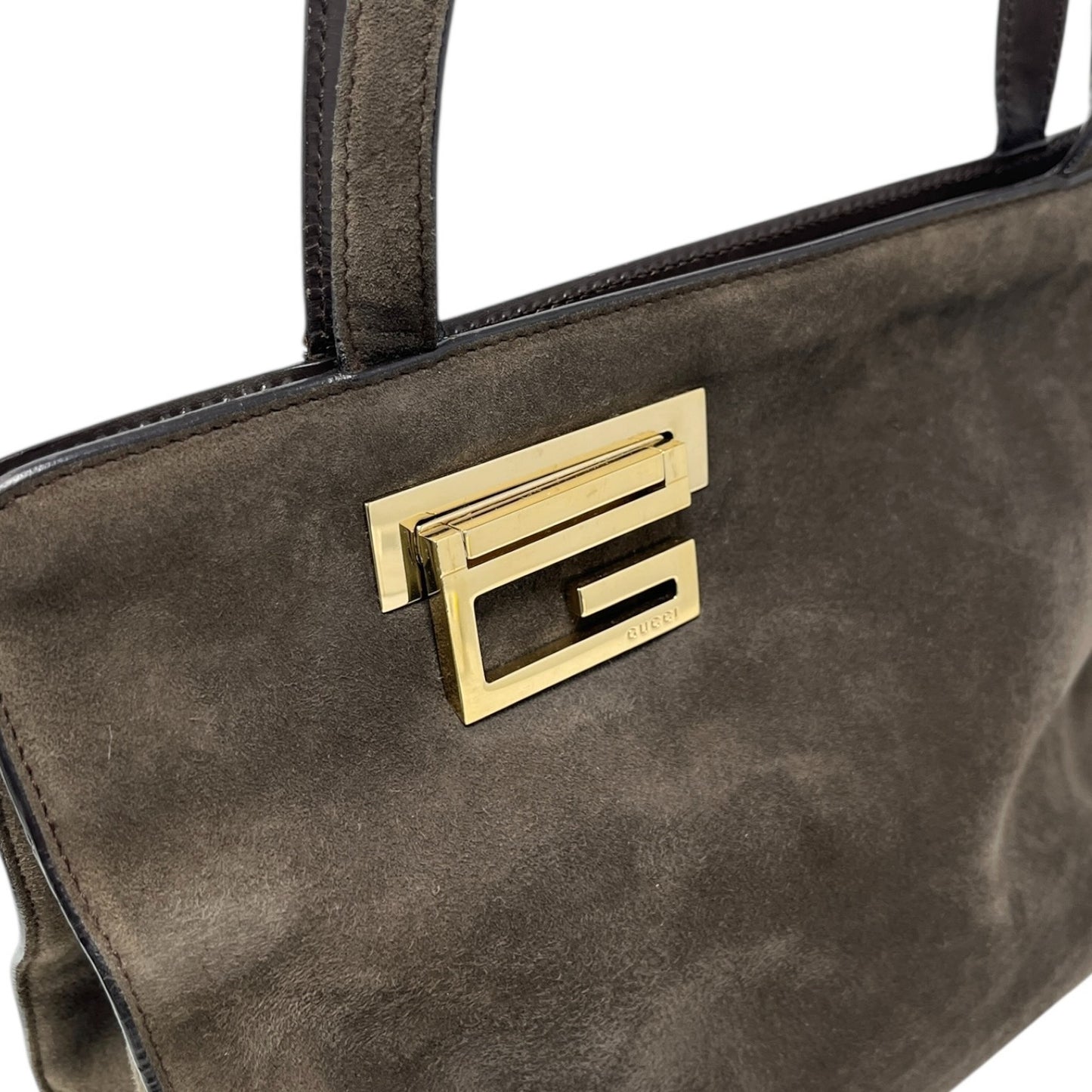 GUCCI Vintage G Square Logo Suede Shoulder Bag Tote Bag Brown Gold Leather