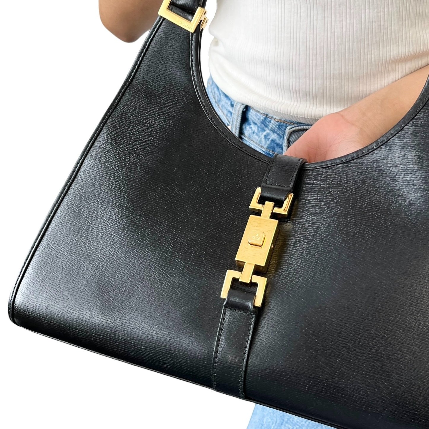 GUCCI Vintage Jackie Logo Shoulder Hobo Bag Handbag Black Gold Leather 902098