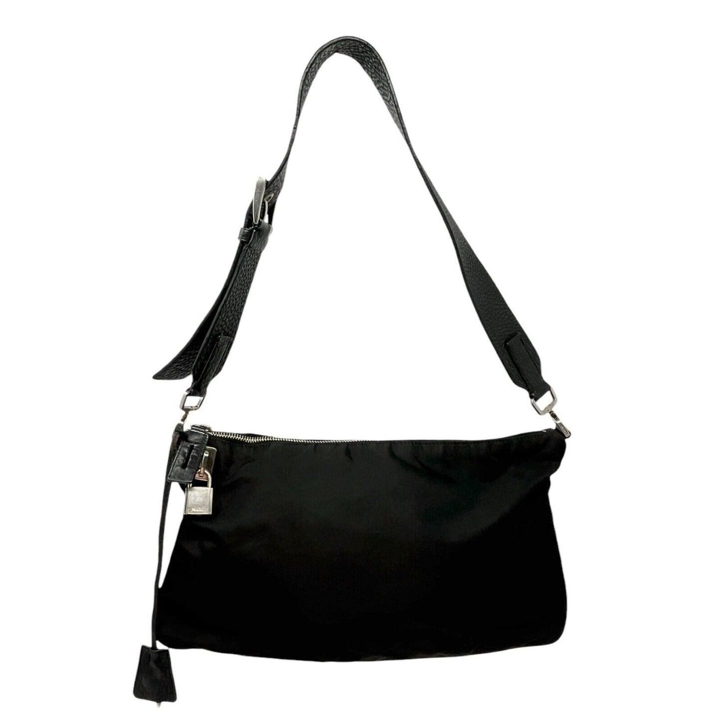 PRADA Vintage Logo Shoulder Bag Zip Padlock Black Silver Nylon Leather