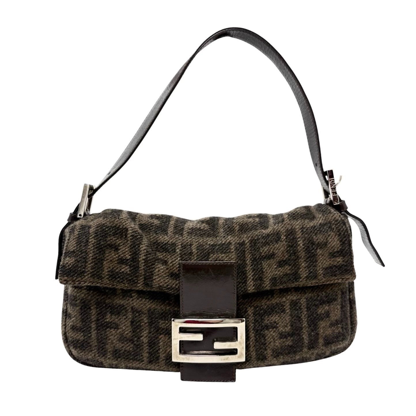 FENDI Vintage FF Logo Mamma Baguette Shoulder Bag Brown Silver Wool Knit 902212