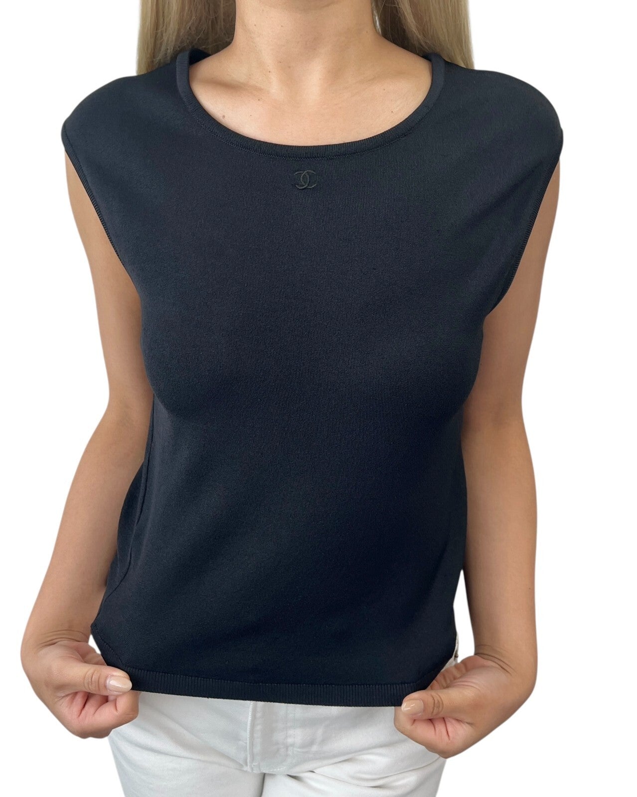 CHANEL Vintage 98P CC Logo Knit Tank Top #42 Round Neck Spandex Black Rayon