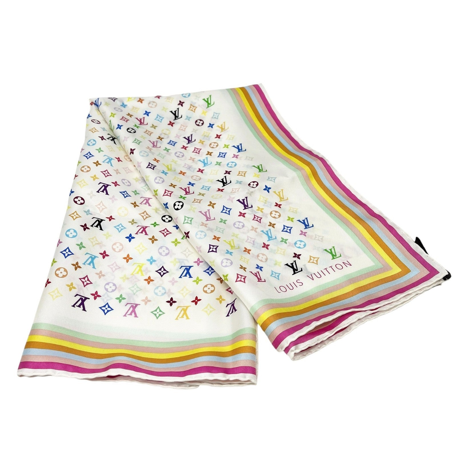 LOUIS VUITTON Vintage LV Monogram Multicolor Scarf Wrap Top White Silk