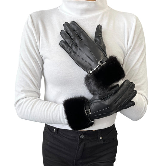 GUCCI Vintage Horsebit Fur Trim Lambskin Leather Gloves #6.5 Black Silver