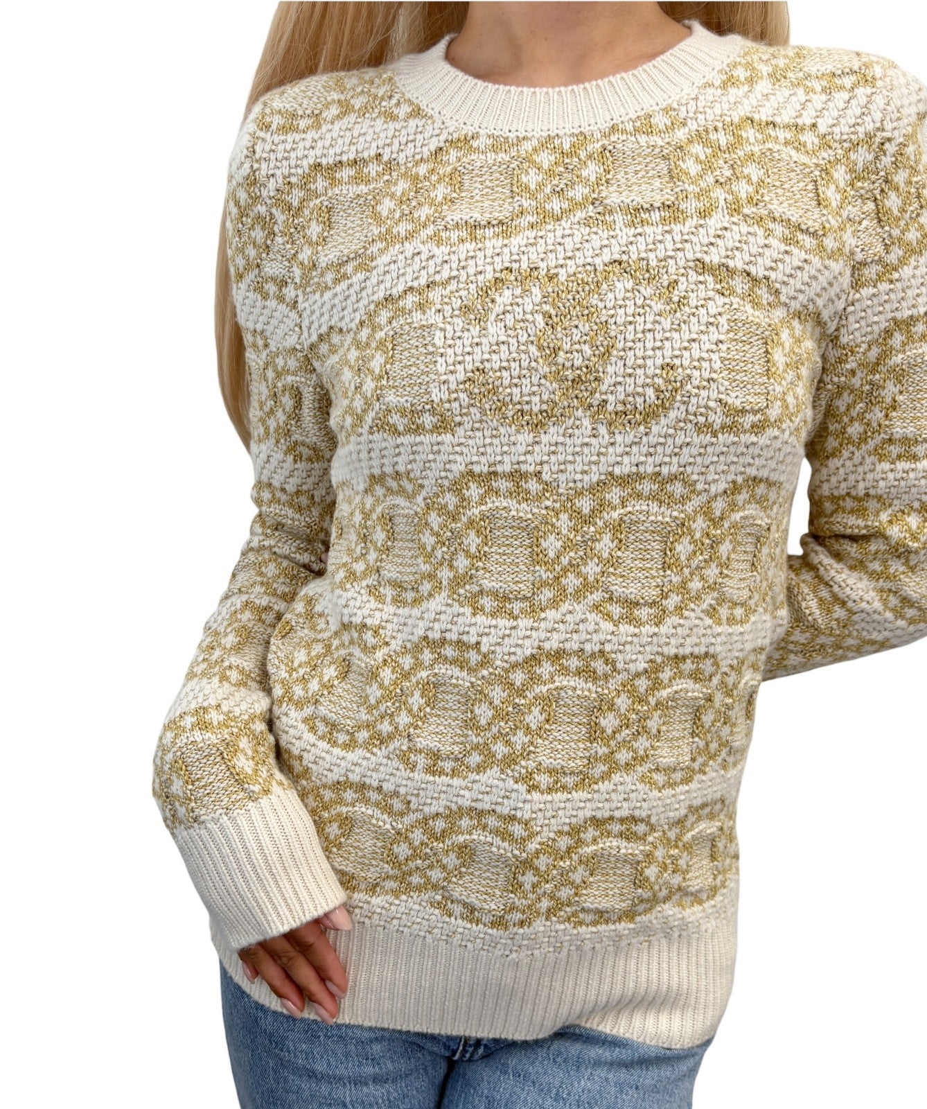CHANEL P63133 CC Logo Cashmere Knit Sweater Top #34 Beige Cream Cotton