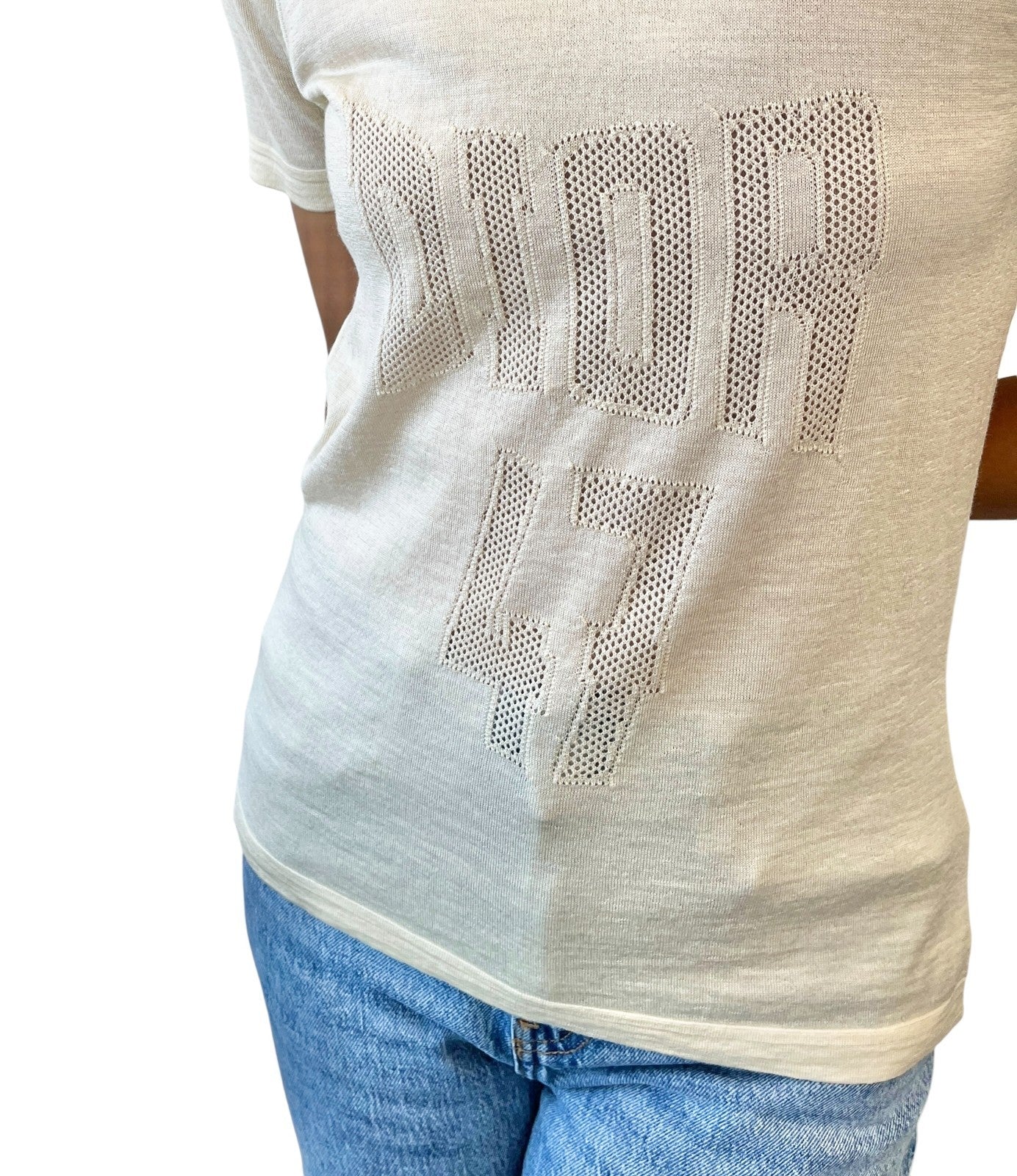 Christian Dior Vintage 2005 Knit T-shirt Top #38 Yellow Cream Wool 47 Mesh Logo