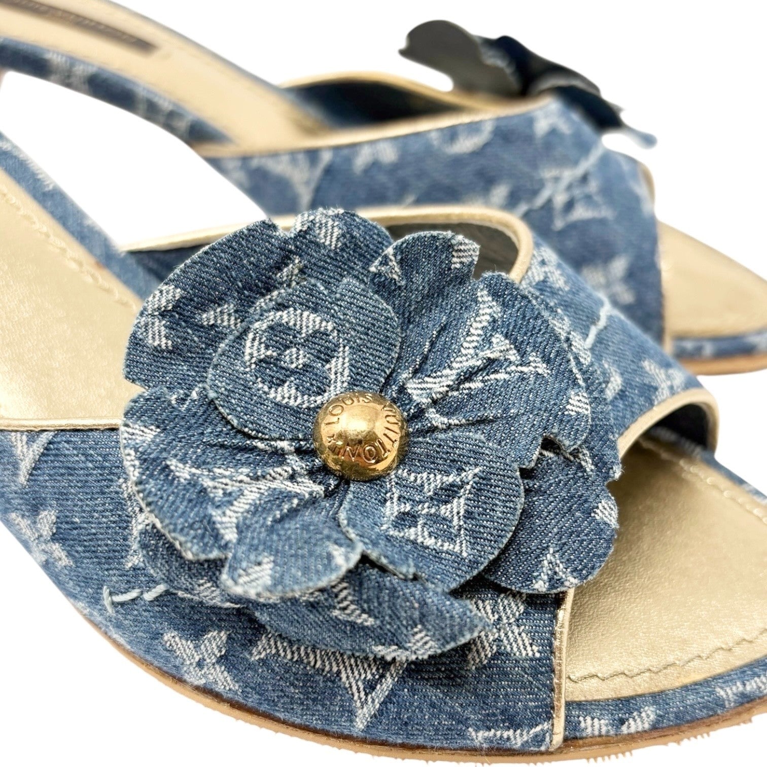 LOUIS VUITTON Vintage Monogram Denim Heels Sandals #36.5 Blue Gold Corsage