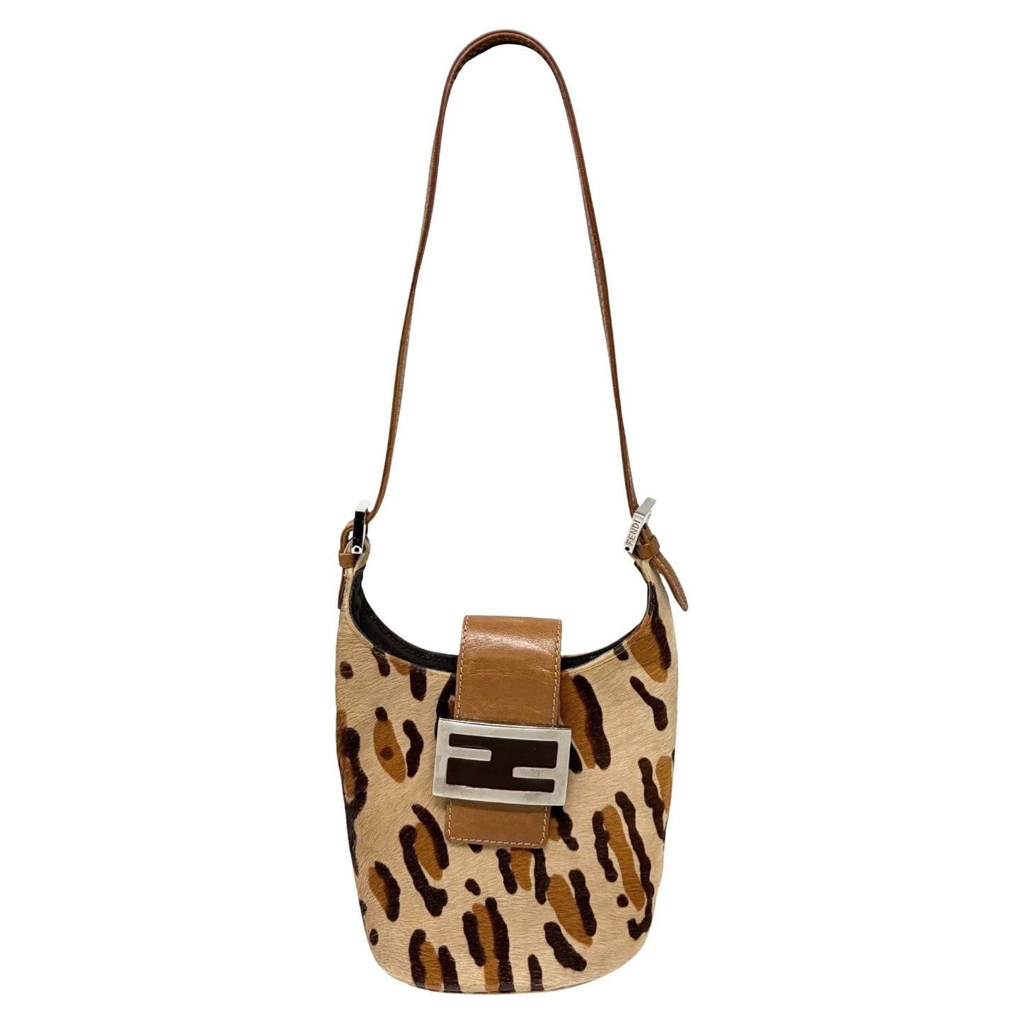 FENDI Vintage FF Logo Leopard Pony Calf Hair Mini Hobo Bag Beige Brown 901984