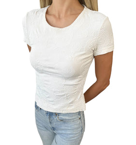 CHANEL Vintage CC Mark Logo Camellia Print T-shirt Short Sleeve Top White Nylon