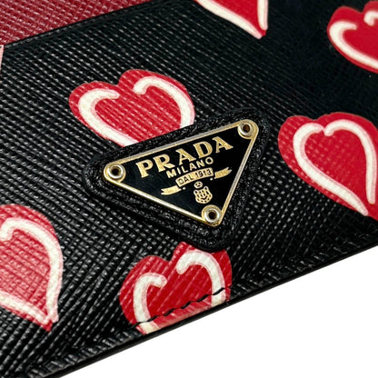 PRADA Vintage Triangle Logo Heart Wallet Card Holder Black Red Leather 902286