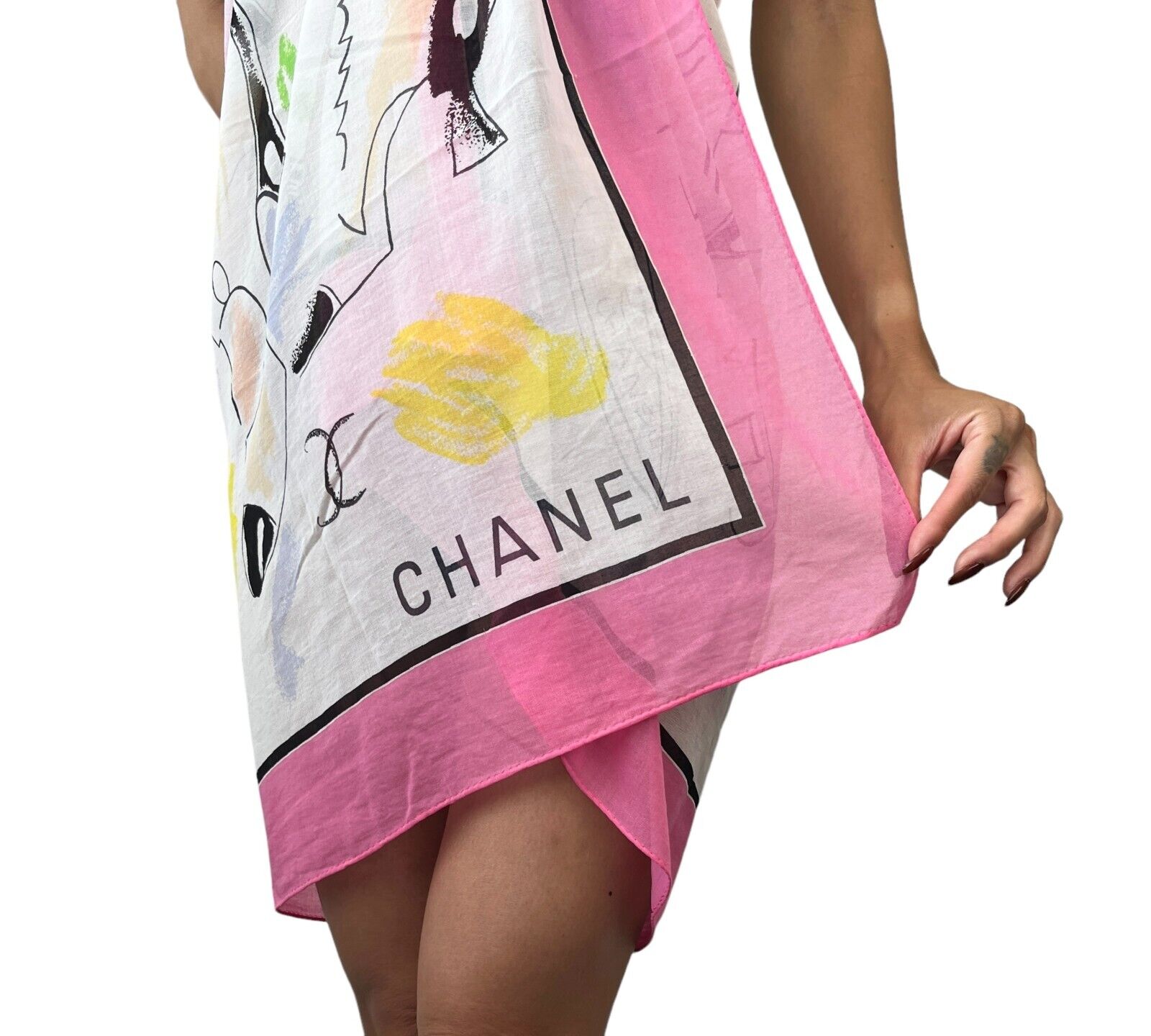 CHANEL Vintage 1995 CC Logo Icon Scarf Wrap Pareo Skirt White Pink Rank AB