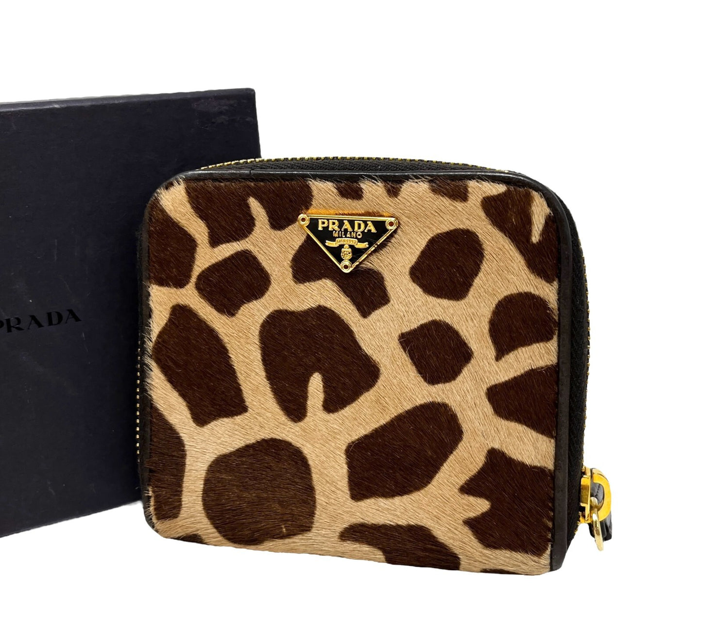 PRADA Vintage Logo Animal Print Wallet Calf Hair Zip Snap Brown Gold RankAB