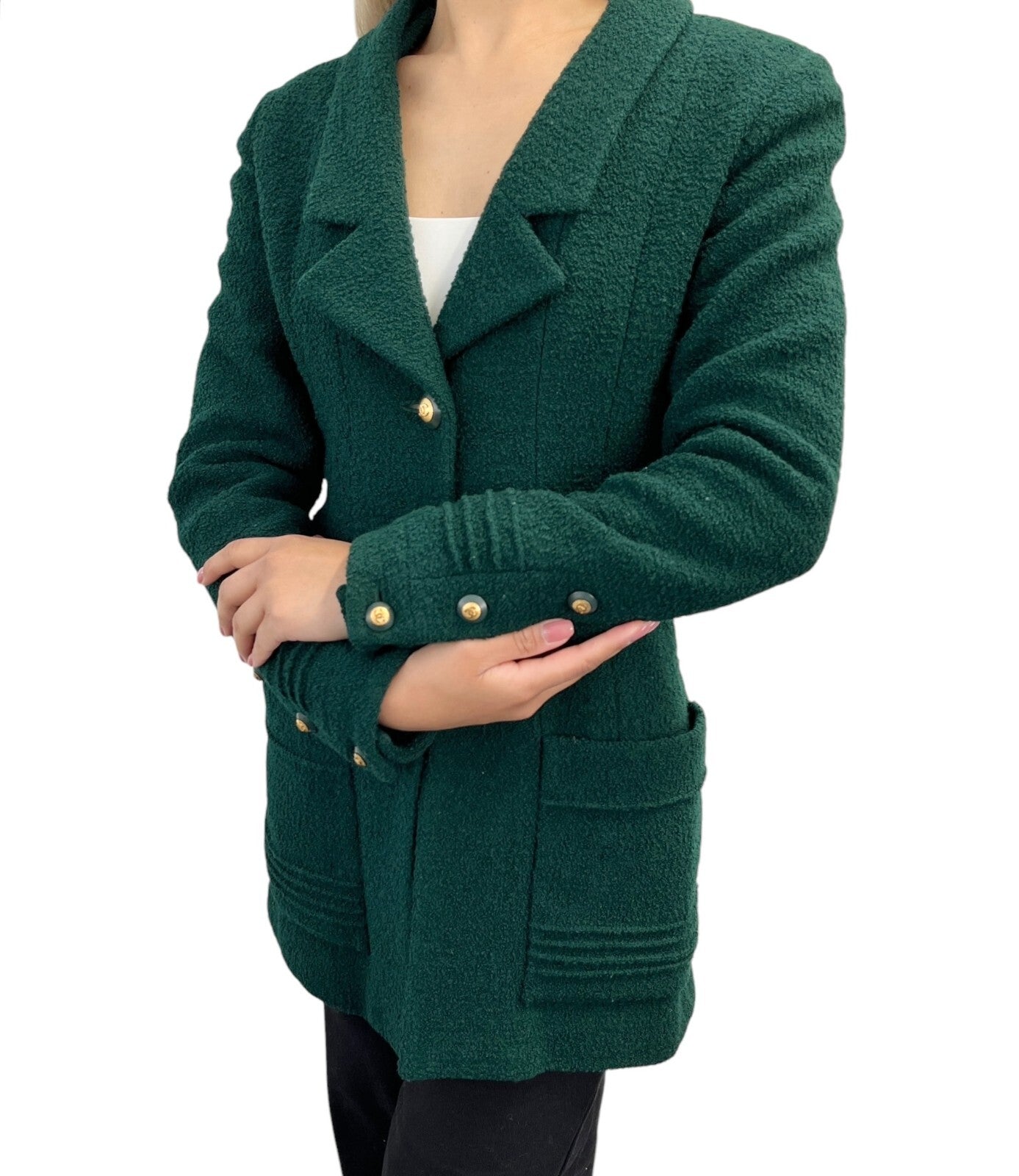 CHANEL Vintage CC Mark Logo Tweed Jacket Button Pocket Green Gold Wool