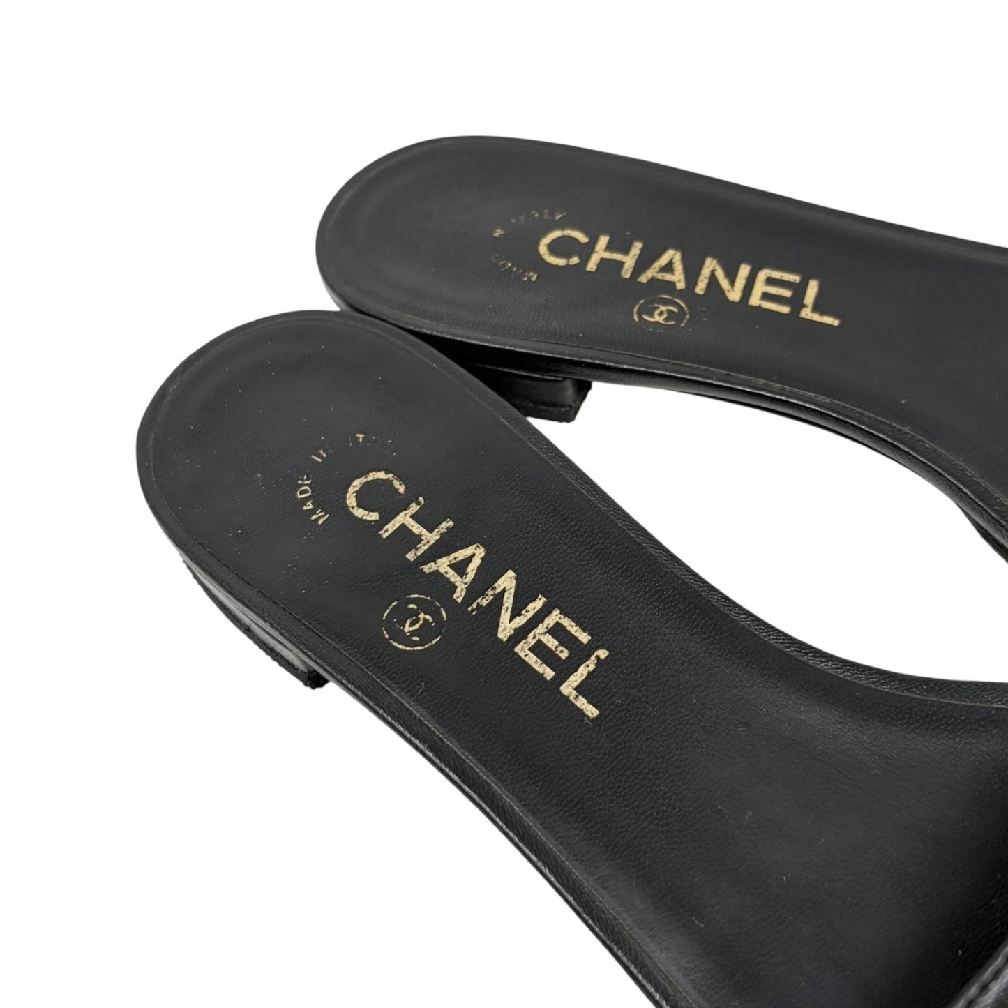 CHANEL Vintage CC Logo Camellia Leather Flat Slide Sandals #36.5 Black