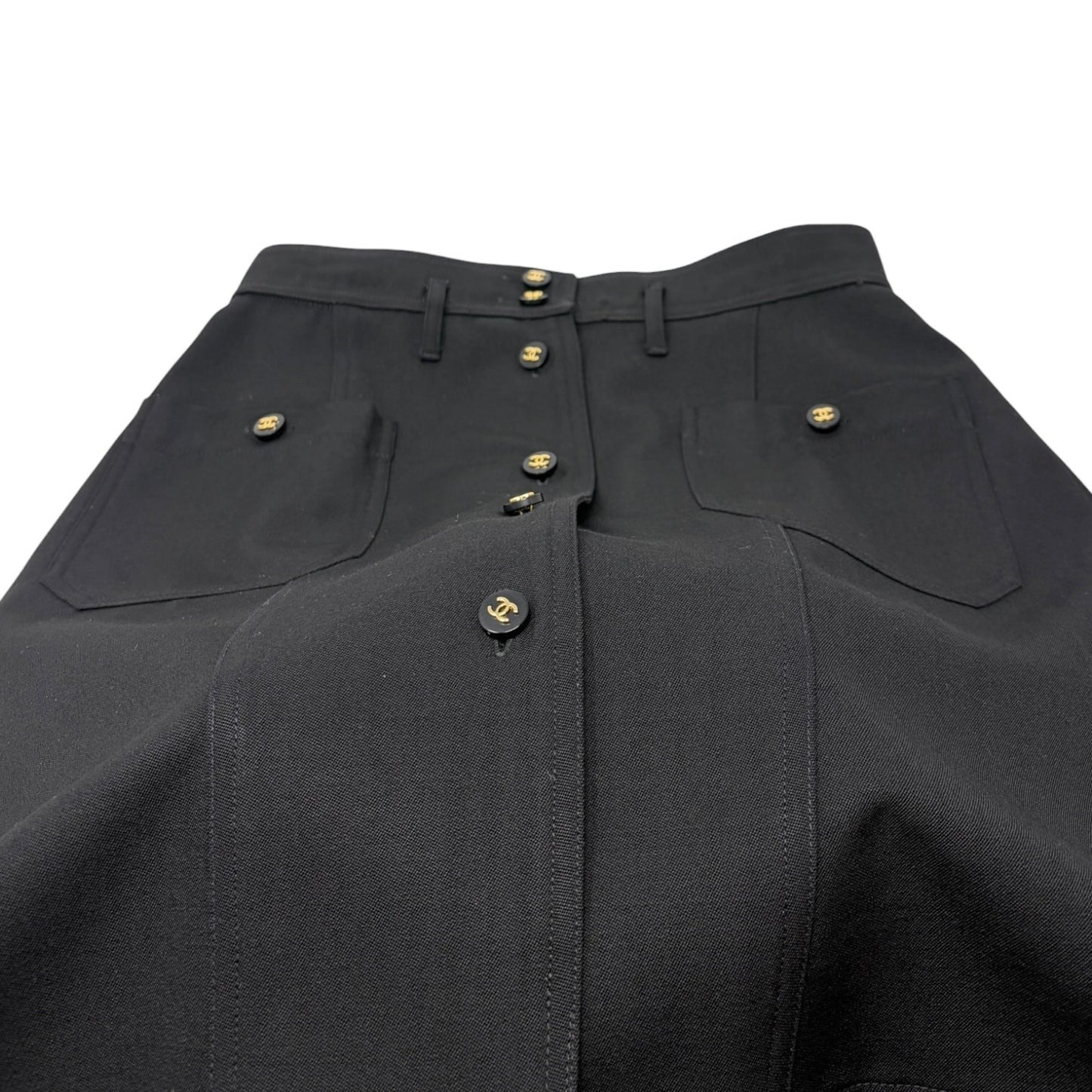 CHANEL Vintage CC Logo Button Knee Length Skirt #34 Black Gold Bottoms 902596