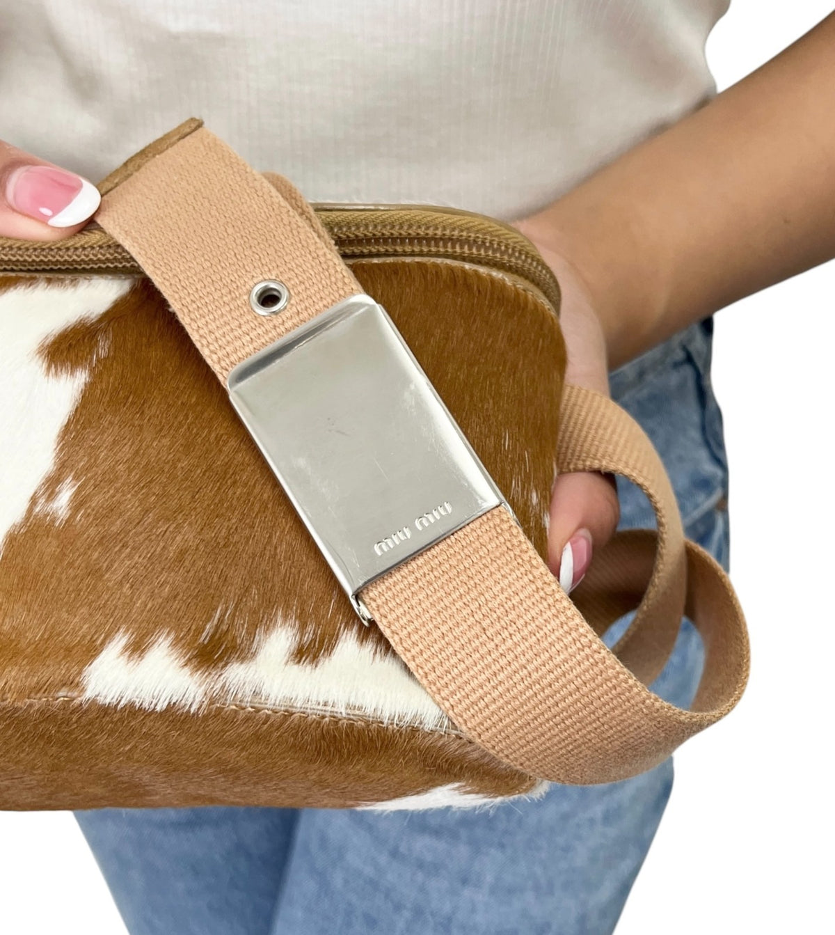 miu miu Vintage Logo Pony Calf Hair Cowhide Fanny Belt Bag Brown White 902807
